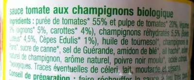 List of product ingredients Sauce tomate aux Champignons Auchan BIO, Auchan, L'oiseau, Auchan Production, Groupe Auchan 200 g, 212 ml