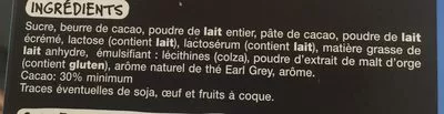 Liste des ingrédients du produit Chocolat Lait Dégustation Earl Grey Auchan, Mmm! 