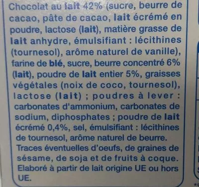 Lista de ingredientes del producto Petit Beurre Tablette Fourrée Au Lait Auchan 140 g e