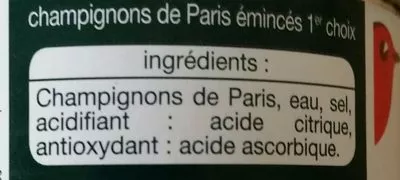 Liste des ingrédients du produit Champignons de Paris émincés 1er choix Auchan 115g