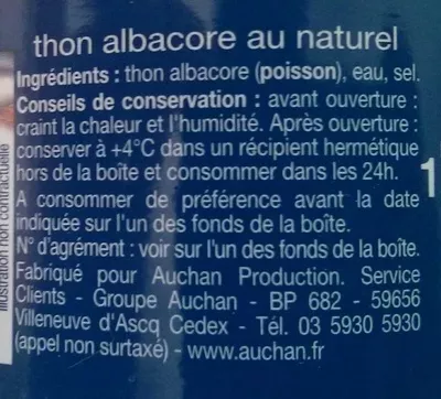 List of product ingredients Thon albacore au naturel Auchan 133 g  net