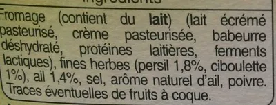 List of product ingredients Fromage à Tartiner, Ail & Fines herbes (23,5 % MG) Auchan, L'oiseau, Auchan Production, Groupe Auchan 150 g