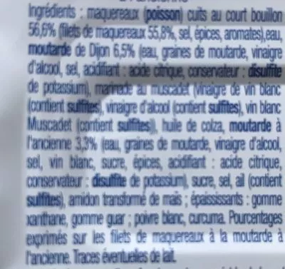 Liste des ingrédients du produit Filets de maqueraux, sauce moutarde à l'ancienne Auchan 113 g e