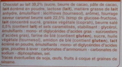 List of product ingredients Barres fourrées Choco-Caramel (6 biscuits) Auchan, L'oiseau, Auchan Production, Groupe Auchan 125 g