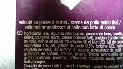 Lista de ingredientes del producto Vélouté Poulet Thai Au Lait De Coco Auchan Auchan 1 L