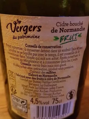 List of product ingredients Cidre bouché de normandie Auchan, Les vergers du patrimoine 75 cl