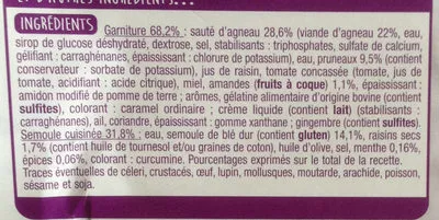 Lista de ingredientes del producto Le tajine d'agneau et sa semoule parfumée pruneaux et amandes Auchan 300 g