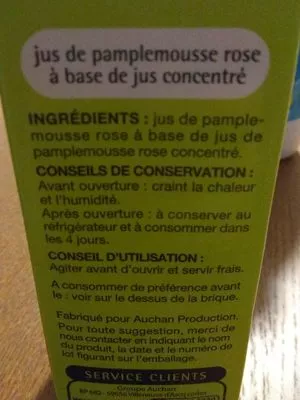 Lista de ingredientes del producto Jus de pamplemousse rose Auchan 