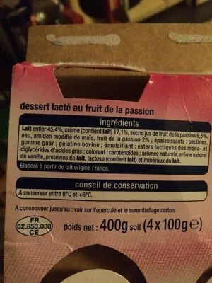 Liste des ingrédients du produit Liégeois fruits de la passion Auchan 400 g