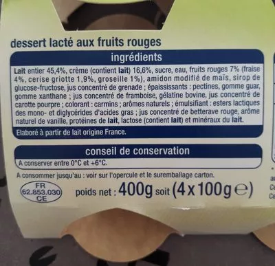Liste des ingrédients du produit Liégeois fruits rouges Auchan 400 g