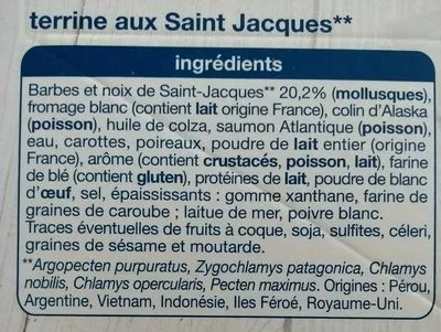 Liste des ingrédients du produit Les terrines aux St Jacques Auchan 120 g