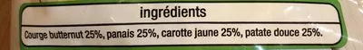 Liste des ingrédients du produit Légumes pour potage (Butternut, panais, carotte jaune, patate douce) Auchan 800 g