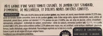 Liste des ingrédients du produit Pizza jambon fromage cuite sur pierre Auchan 450 G