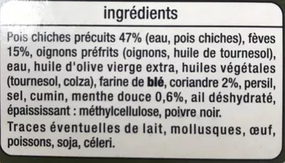 List of product ingredients Les vegetariens Falafels fèves, coriandre et menthe Auchan 400 g