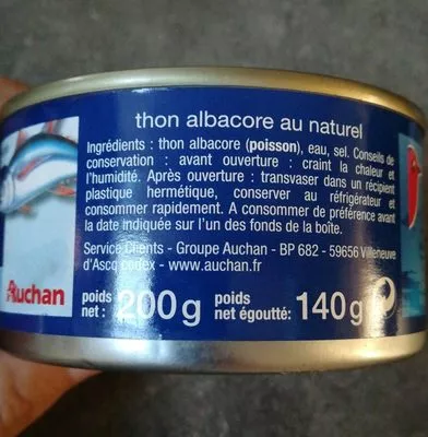 Lista de ingredientes del producto Thon albacore au naturel Auchan 140 g