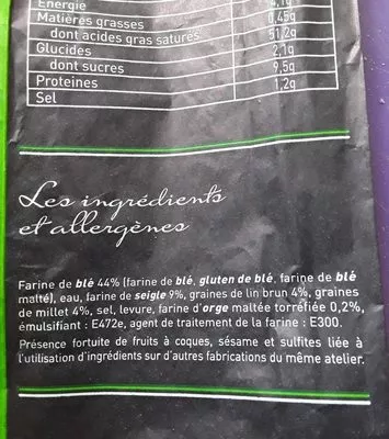Liste des ingrédients du produit Bûchette céréales La Boulange des Bastides 