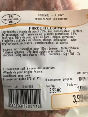 List of product ingredients Farce a legume Tradival 