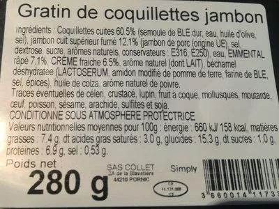 List of product ingredients Gratin de coquillettes jambon Simply 280 g