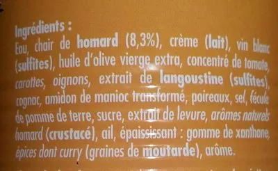 Liste des ingrédients du produit Bisque de homard La belle-iloise 800 g