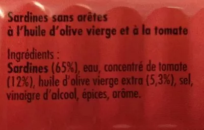 Lista de ingredientes del producto Sardine sans arêtes à l’huile d’olive et à la tomate La belle-iloise 115 g