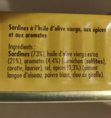 List of product ingredients Sardines à l'huile d'olive vierge aux épices et aux aromates La Belle-Îloise 