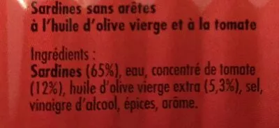 List of product ingredients Sardine sans arêtes à l’huile d’olive et à la tomate La belle-iloise 115 g