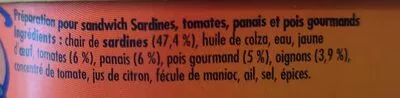 Liste des ingrédients du produit Préparation pour sandwich  Sardines, tomates, panais et pois gourmands La belle-iloise 115 g