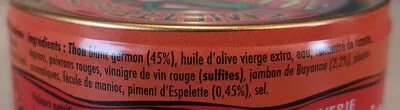 List of product ingredients Emietté de thon à la Luzienne (Piment d’Espelette, jambon de Bayonne) La belle-iloise 160 g