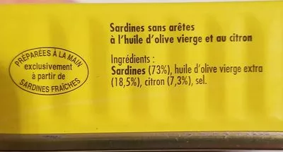 Lista de ingredientes del producto Sardines sans arêtes à l'huile d'olive vierge et au citron La belle-iloise 