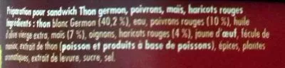 Lista de ingredientes del producto Préparation pour sandwich Thon germon, poivrons, maïs, haricots rouges La Belle-Iloise 115 g