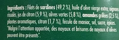List of product ingredients Emietté de Sardine Citron, Olives et Amandes La Belle-Iloise 80 g