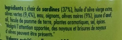 Lista de ingredientes del producto Sardinade aux 2 olives La belle-iloise 60 g