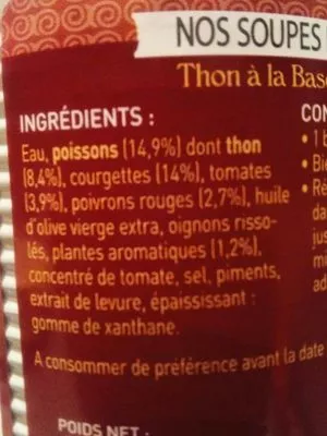 Liste des ingrédients du produit Soupe repas thon à la basquaise La belle-iloise 1