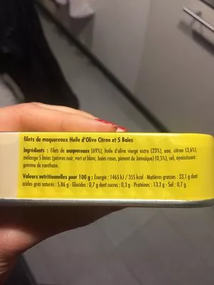 Liste des ingrédients du produit Filets de maquereaux Huile d’Olive, Citron et 5 baies La Belle-Iloise 118 g
