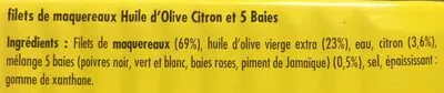 List of product ingredients Filets de maquereaux Huile d’Olive, Citron et 5 baies La Belle-Iloise 118 g