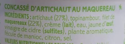 Lista de ingredientes del producto Cuillérable concassé d’artichaut au maquereau La belle iloise 115 g
