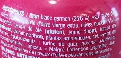 List of product ingredients Nos toasts chauds Thon à l'olive noire La belle-iloise 105 g