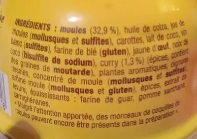 List of product ingredients Nos toasts chauds Moules au curry La Belle Iloise 