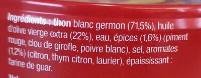 List of product ingredients Thon blanc Germon, huile d’olive vierge, épices et aromates La belle-iloise 160 g