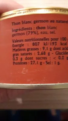 Liste des ingrédients du produit Thon blanc germon au naturel La belle-iloise 207 g