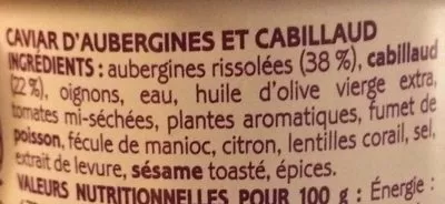 Liste des ingrédients du produit Caviar d’aubergines et cabillaud La belle-iloise 115 g