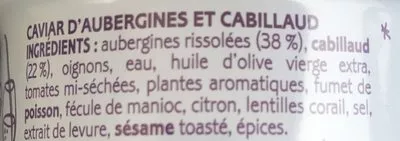 List of product ingredients Caviar d’aubergines et cabillaud La Belle Iloise 115 g