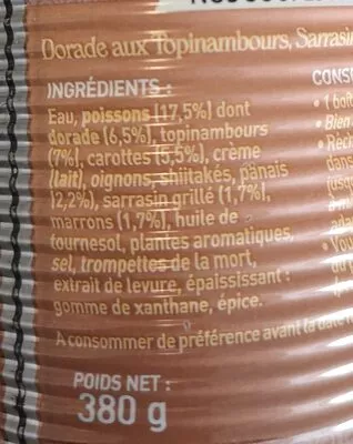 Lista de ingredientes del producto Soupe repas dorade aux topinambours, sarrasin et éclats de marron La belle-iloise 380 g