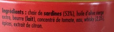 Lista de ingredientes del producto Crème de sardine au whisky La Belle-Iloise 60 g