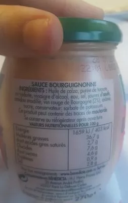 Lista de ingredientes del producto Sauce Bourguignonne Bénédicta, Heinz, H.J. Heinz France 270 g e