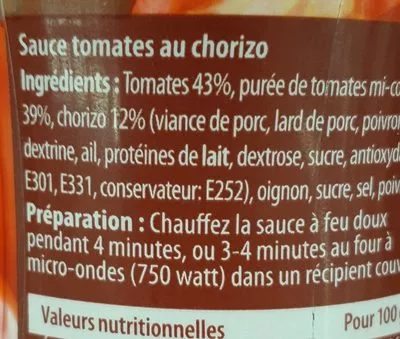 List of product ingredients Sacrément bon tomates et chorizo Heinz 490 g
