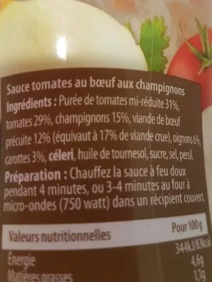 List of product ingredients Sacrément bon bolognaise aux champignons Heinz 
