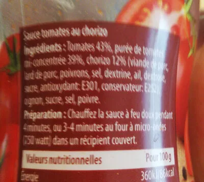 List of product ingredients Tomates et chorizo Heinz 