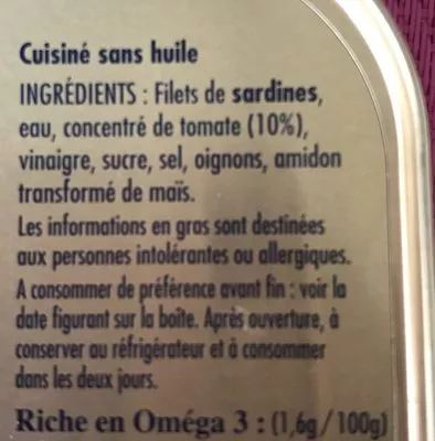 Liste des ingrédients du produit Filets de sardines (sauce tomate) La Pointe De Penmarc’h 