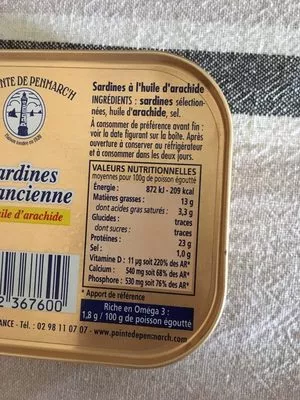Lista de ingredientes del producto Sardine a l’ancienne huile d’arachide La pointe de penmarc h 115 g (87g égoutté)